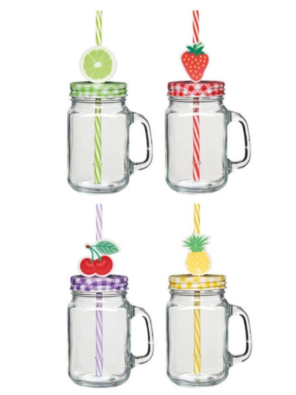Crofton Glass Mason Jar Mugs with Colorful Gingham Lids & Fruit Straws